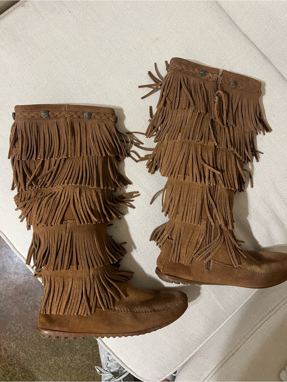 Minnetonka Brown Suede Layered Fringe Upper Calf-High Boots